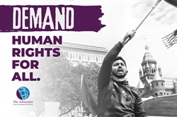 A man waving a flag in protest with the words "Demand Human Rights for All" and a logo of The Advocates for Human Rights. A man waving a flag in protest with the words "Demand Human Rights for All" and a logo of The Advocates for Human Rights.